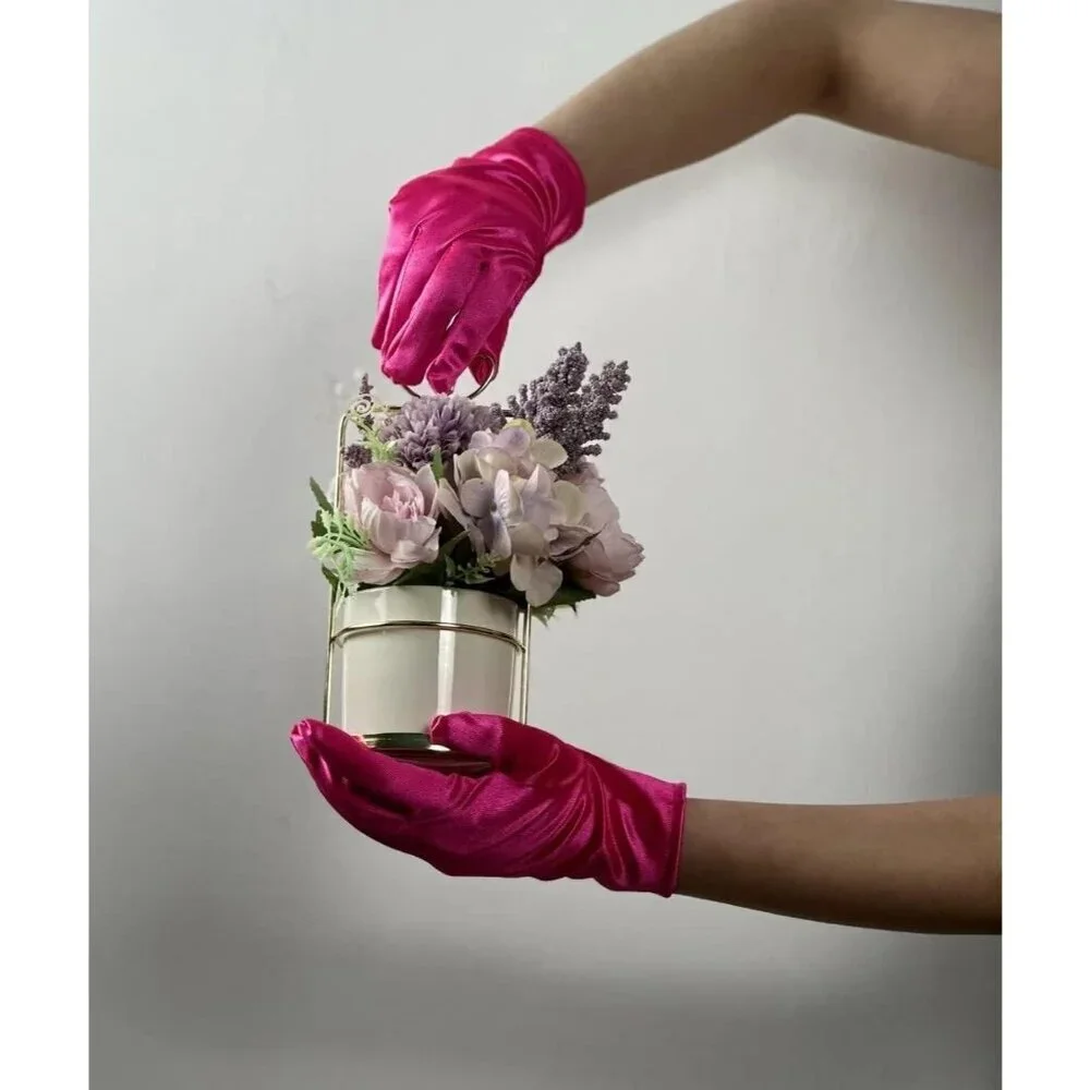 Women's Evening Fuchsia Short Satin Lace Gloves Gothic Choker Necklace design